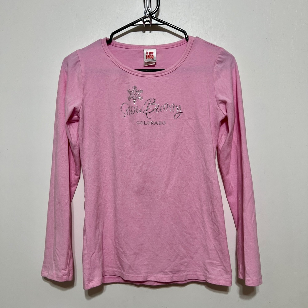 Pink Snow Bunny Colorado Rhinestones Long Sleeve Shirt Medium Y2K Vintage Barbie